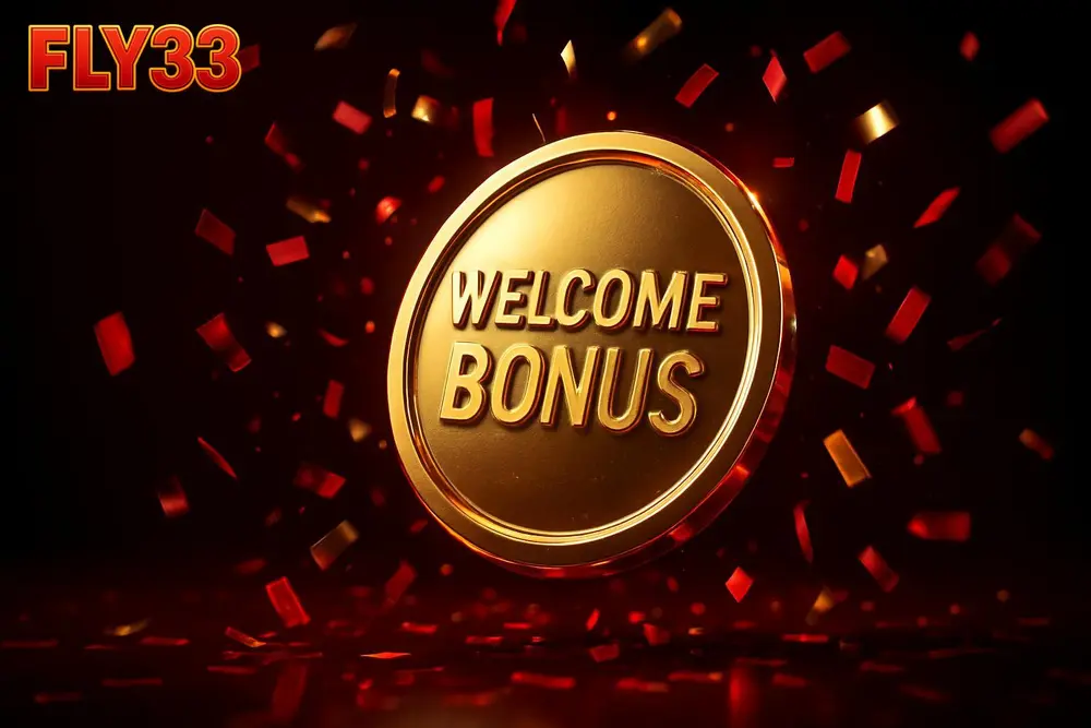 FLY33 bonuses and offers — a glowing welcome bonus coin burst with red and gold confetti