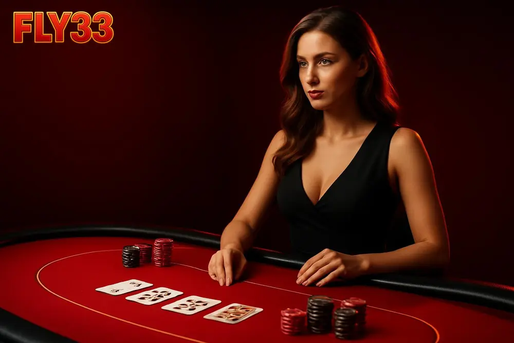FLY33 games — a live dealer table with cards and chips on a screen