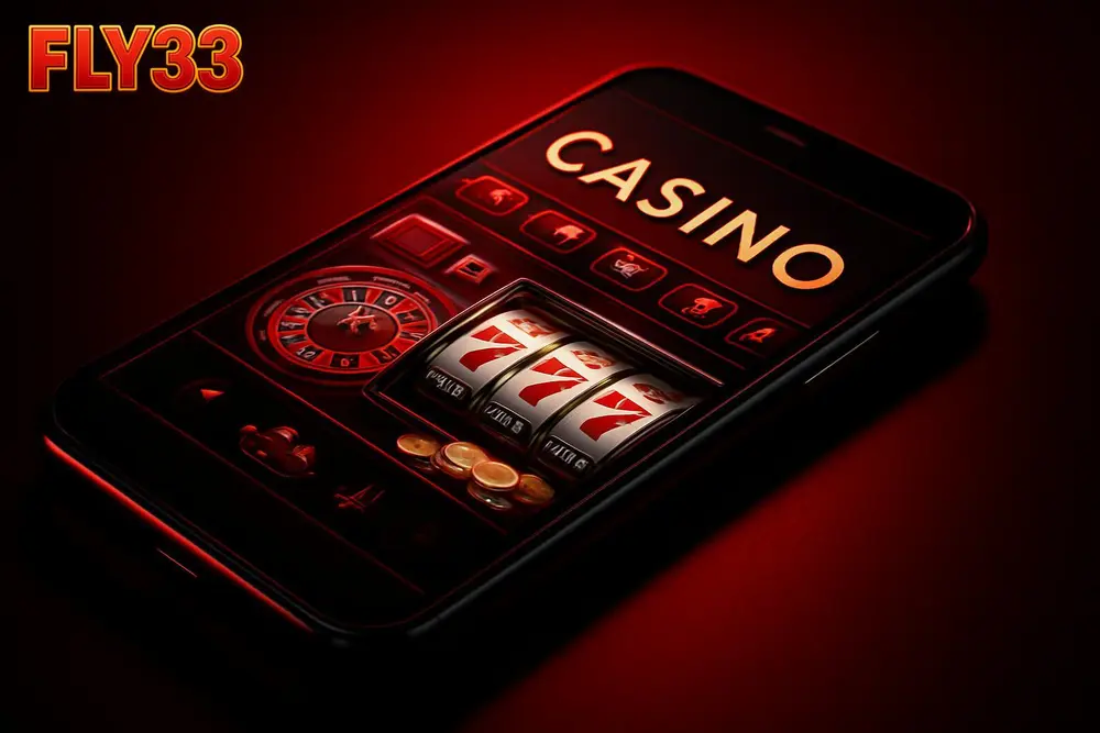 FLY33 Pakistan — a smartphone displaying a vibrant online casino lobby interface