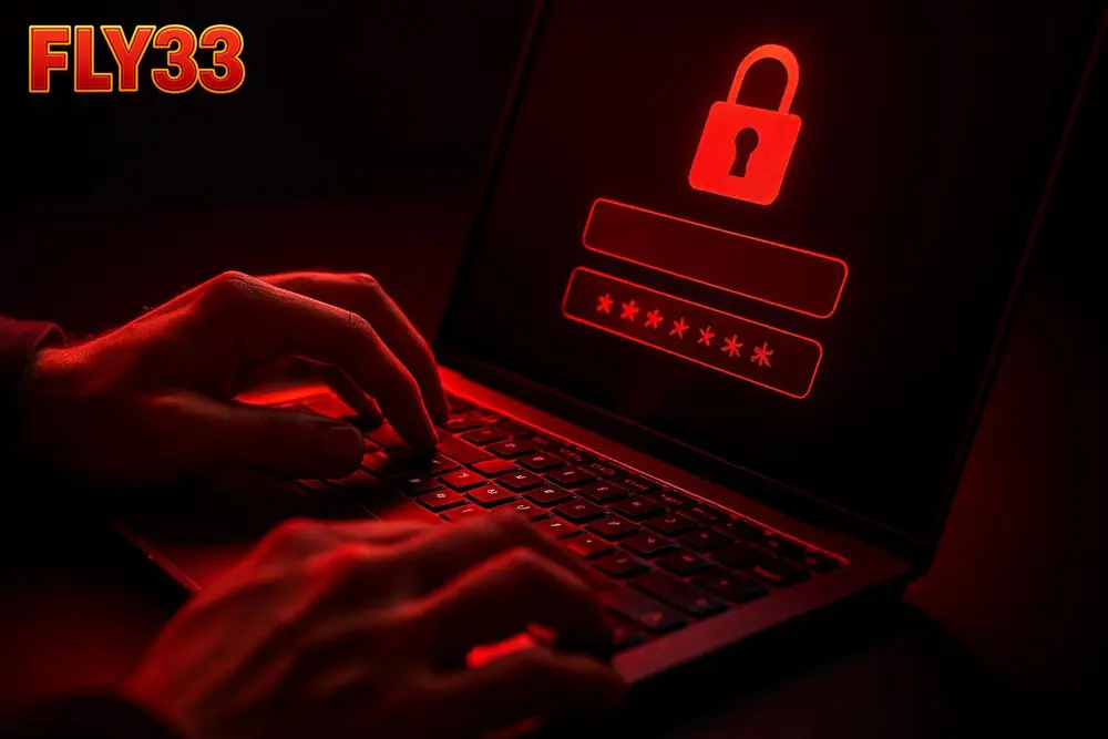 FLY33 login — a person typing a password on a laptop with a red glow