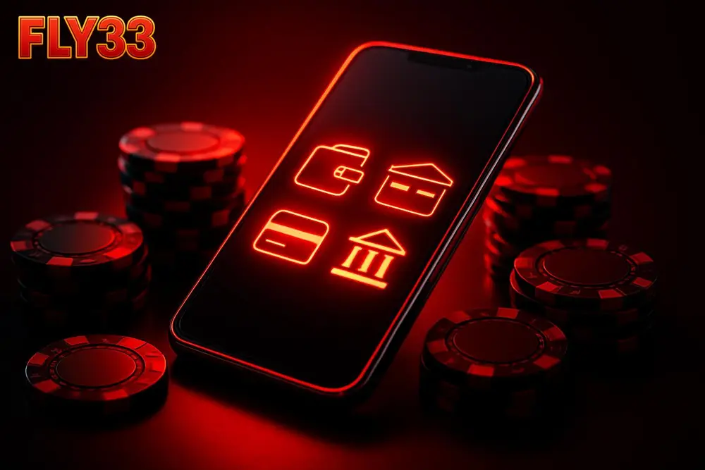 FLY33 payment methods — a glowing smartphone with mobile wallet icons surrounded by poker chips