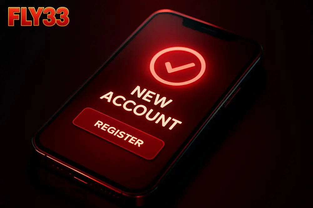 FLY33 registration — a new account welcome screen glowing on a phone display